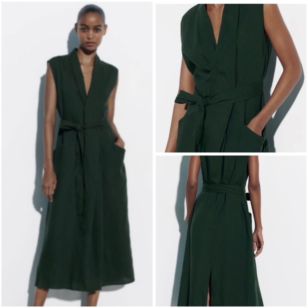 ZARA Size S Green Belted Midi Dress Linen Lyocell Blend Sleeveless Pockets NWT